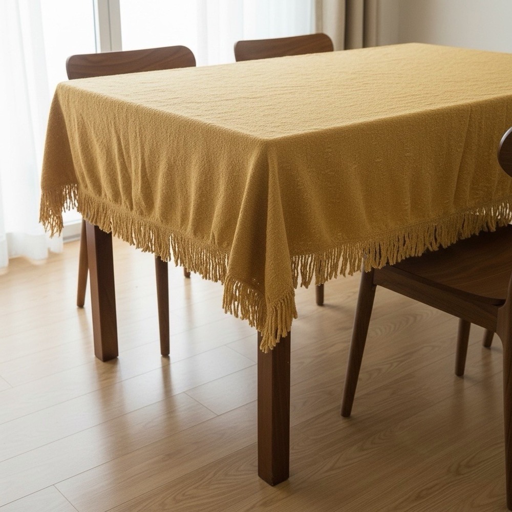 Vtg MCM 60s Boho Gold Fringe Tablecloth Textured Rectangle 84" X 68" Mod Grandma